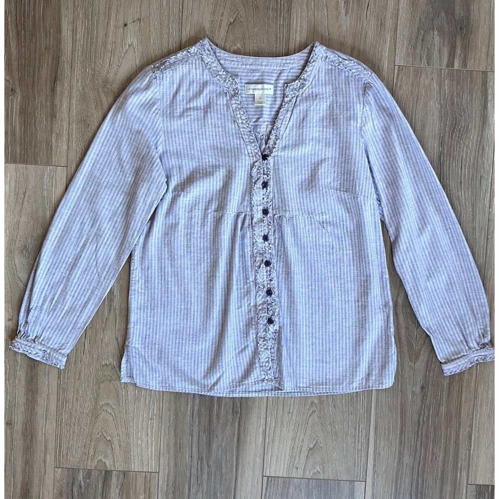 Purple Striped Cotton Ruffle V-Neck Blouse WMNS Med Coastal Grandma Shabby Chic
